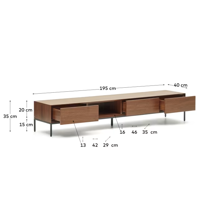 Kave Home Vedrana 3 drawer TV stand in walnut veneer with black steel legs, 195