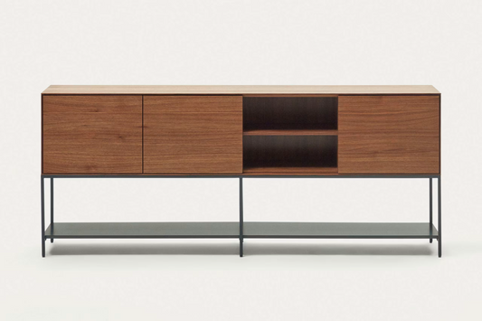 Kave Home Vedrana 3 door sideboard in walnut veneer with steel legs, 195 x 80 cm