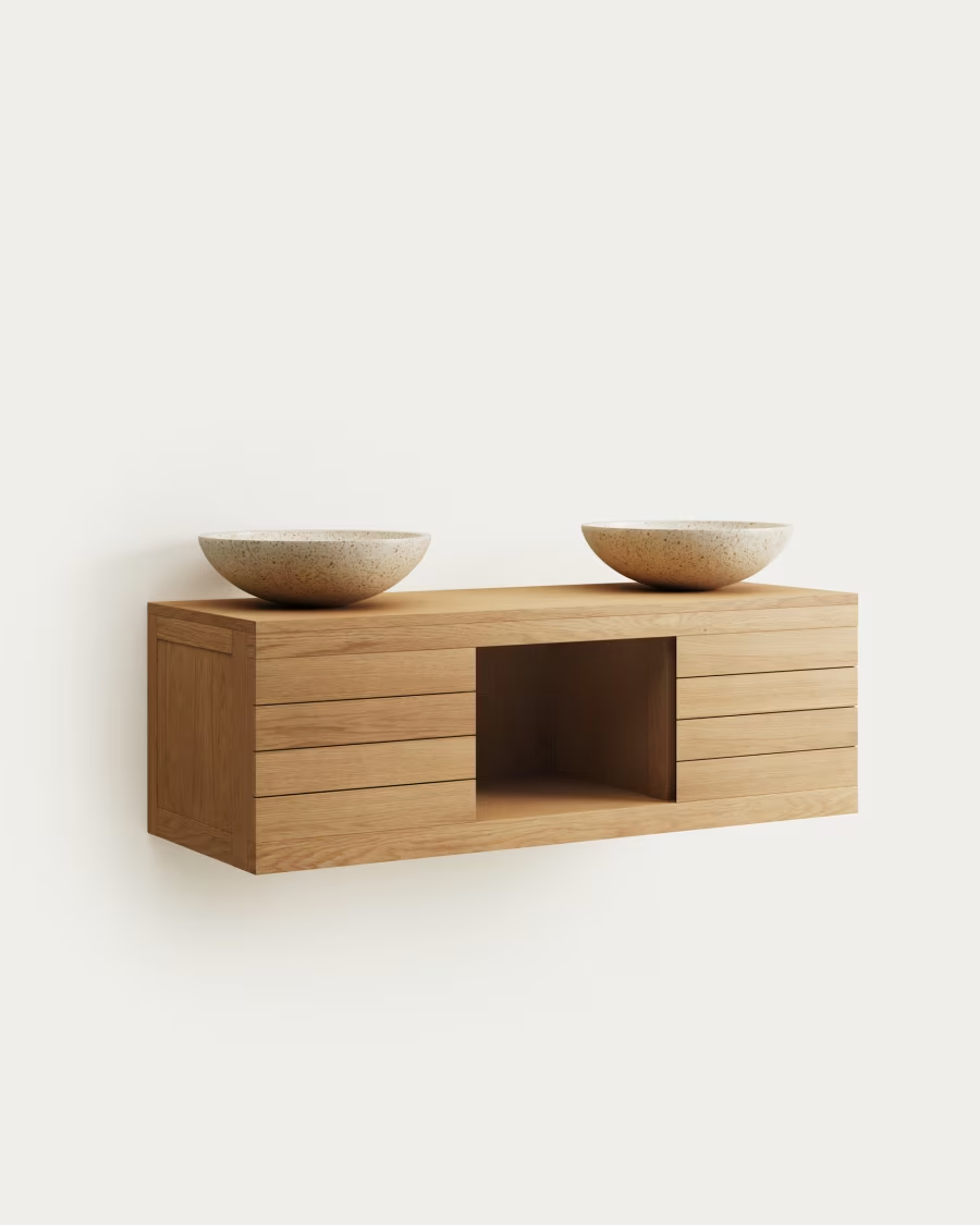 Kave Home Yenit bathroom furniture in solid teak wood with a natural finish, 120