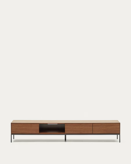 Kave Home Vedrana 3 drawer TV stand in walnut veneer with black steel legs, 195