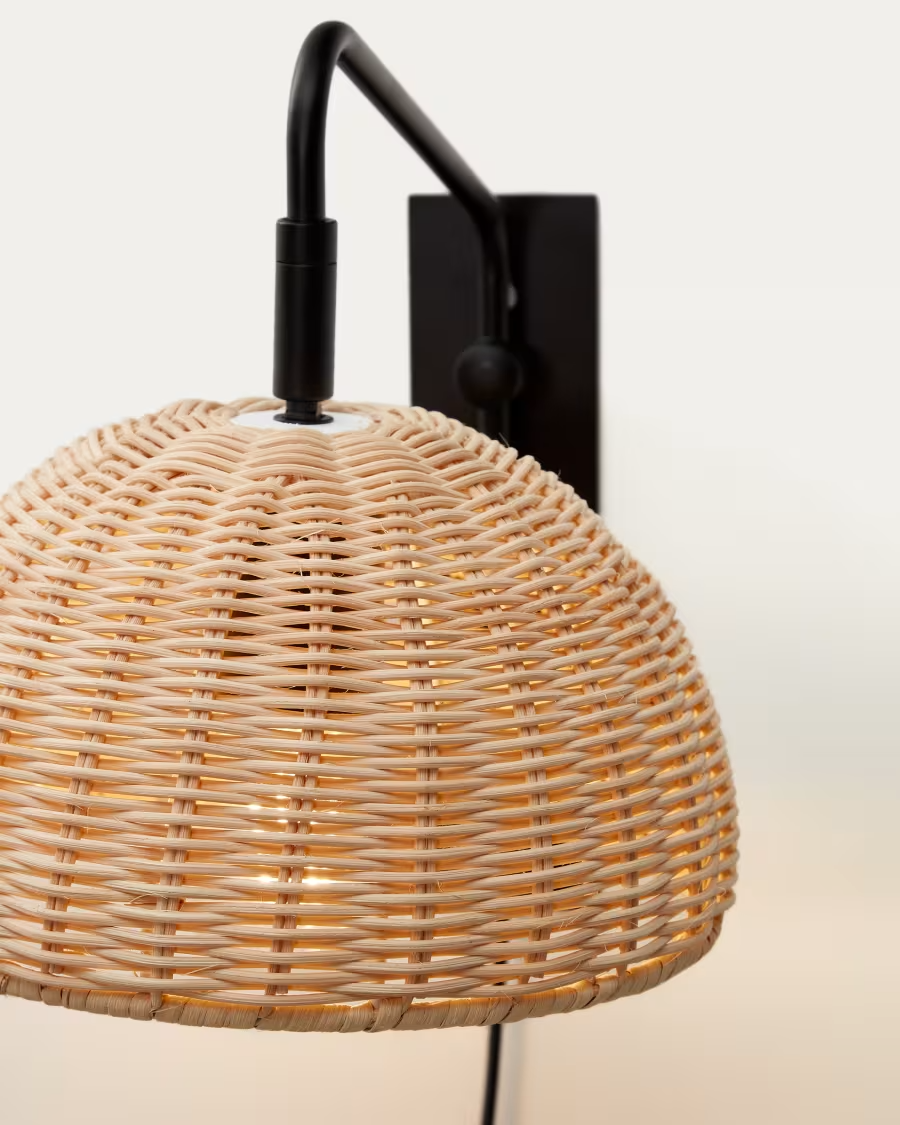 Kave Home Damila Wall Light in Rattan and Black Metal UK