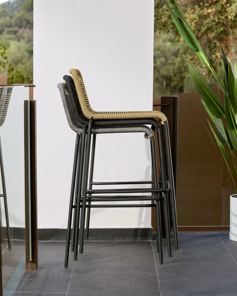 Kave Home 3 x Lambton stackable stool in black rope and black finish steel, 74 c