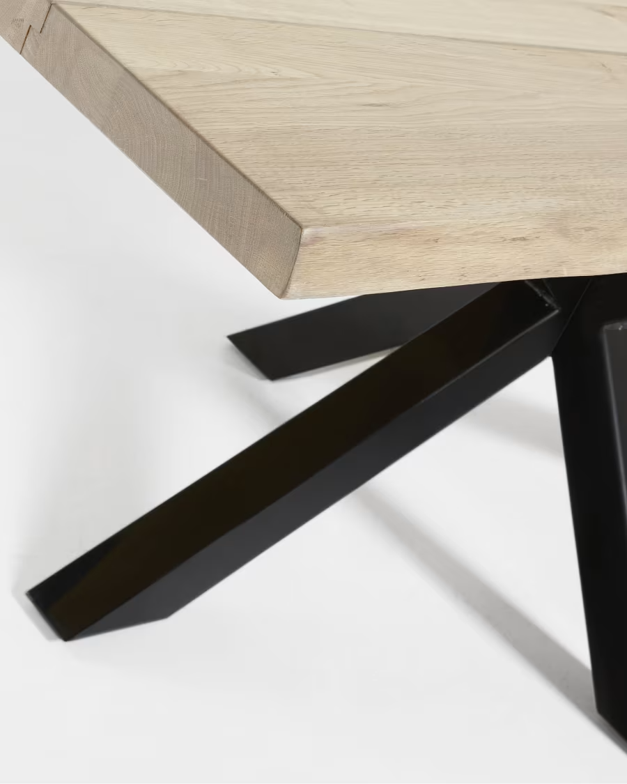 Kave home Argo oak veneer table with a whitewashed finish and black steel legs,