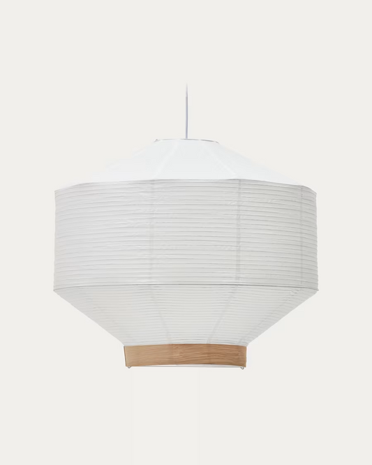 Kave Home  Hila ceiling lamp screen in white paper with natural wood veneer Ø 80