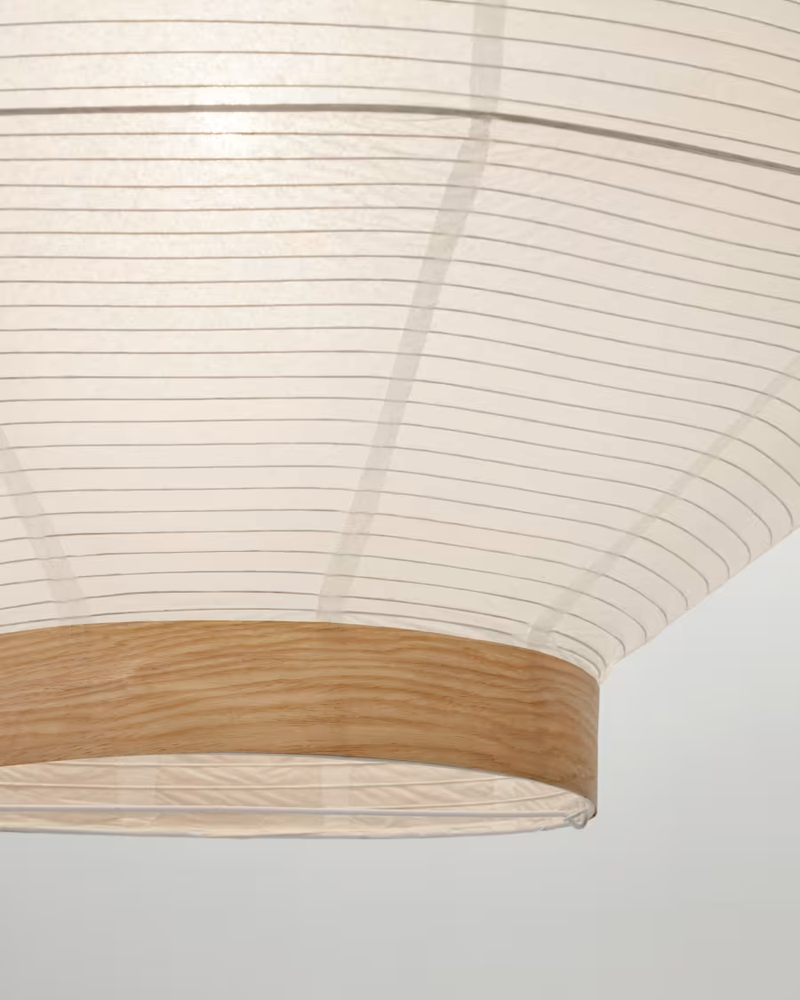 Kave Home Hila ceiling lamp screen in white paper with natural wood veneer Ø 80