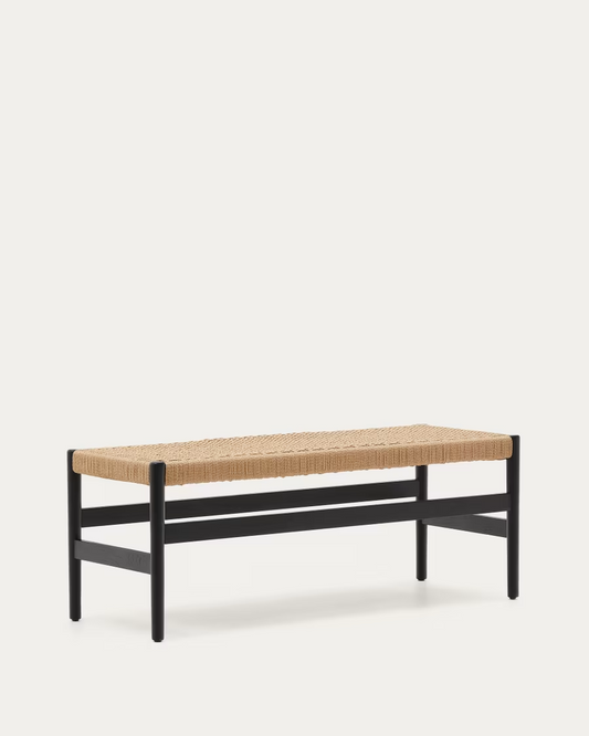 Kave Home Zaide bench made of solid oak wood in black finish and rope cord 120cm