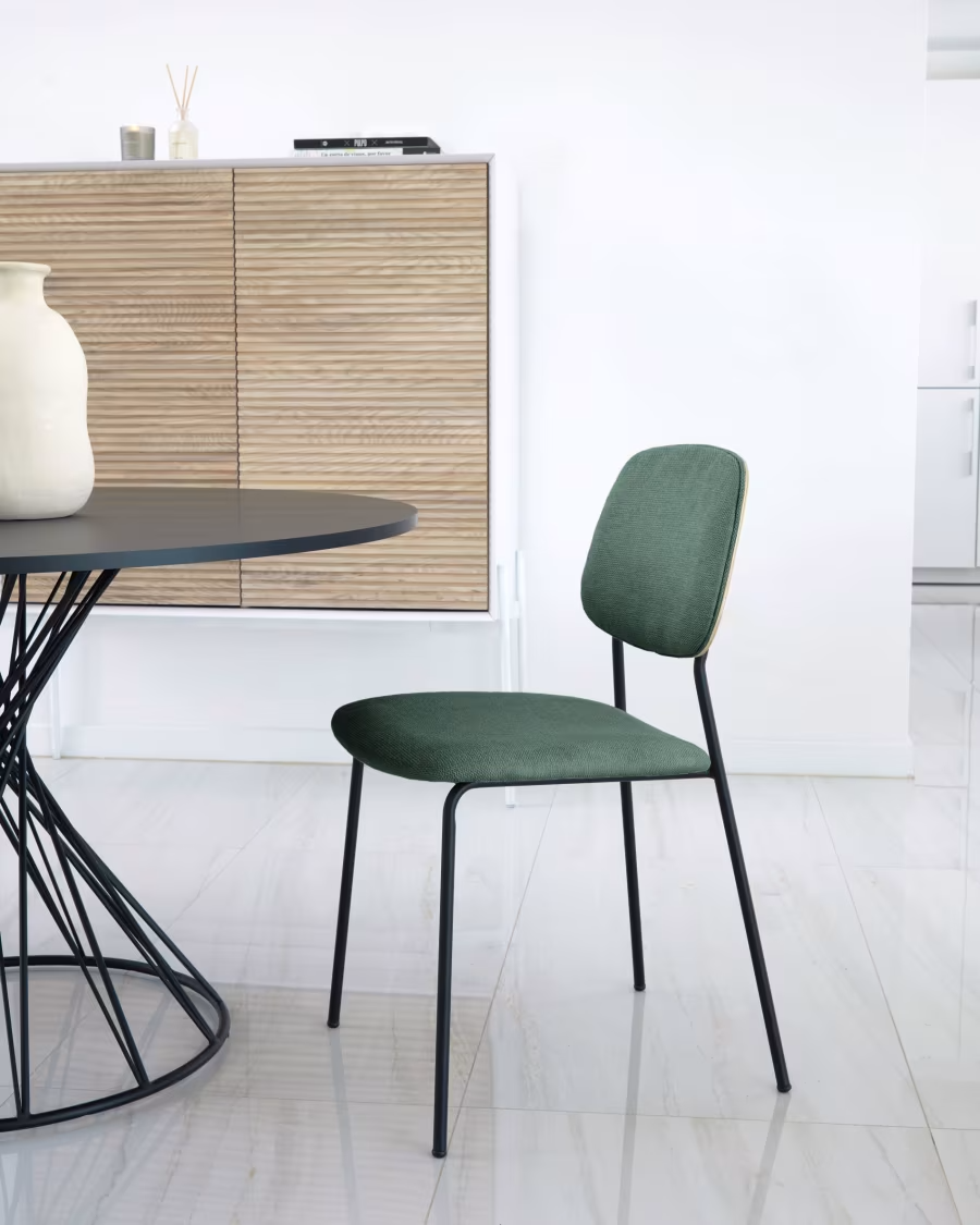 Kave Home Benilda dark green stackable chair with oak veneer and steel with blac