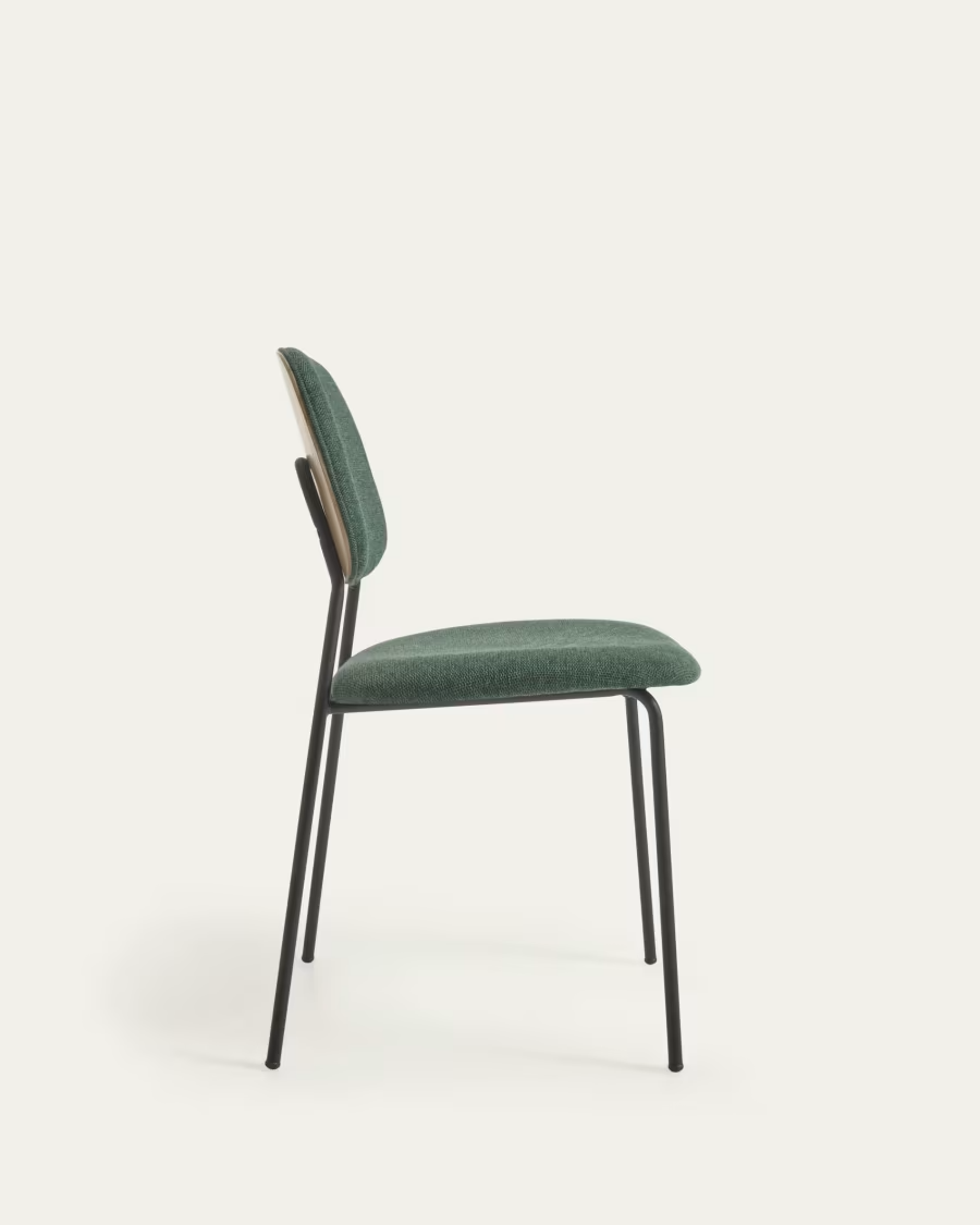 Kave Home Benilda dark green stackable chair with oak veneer and steel with blac