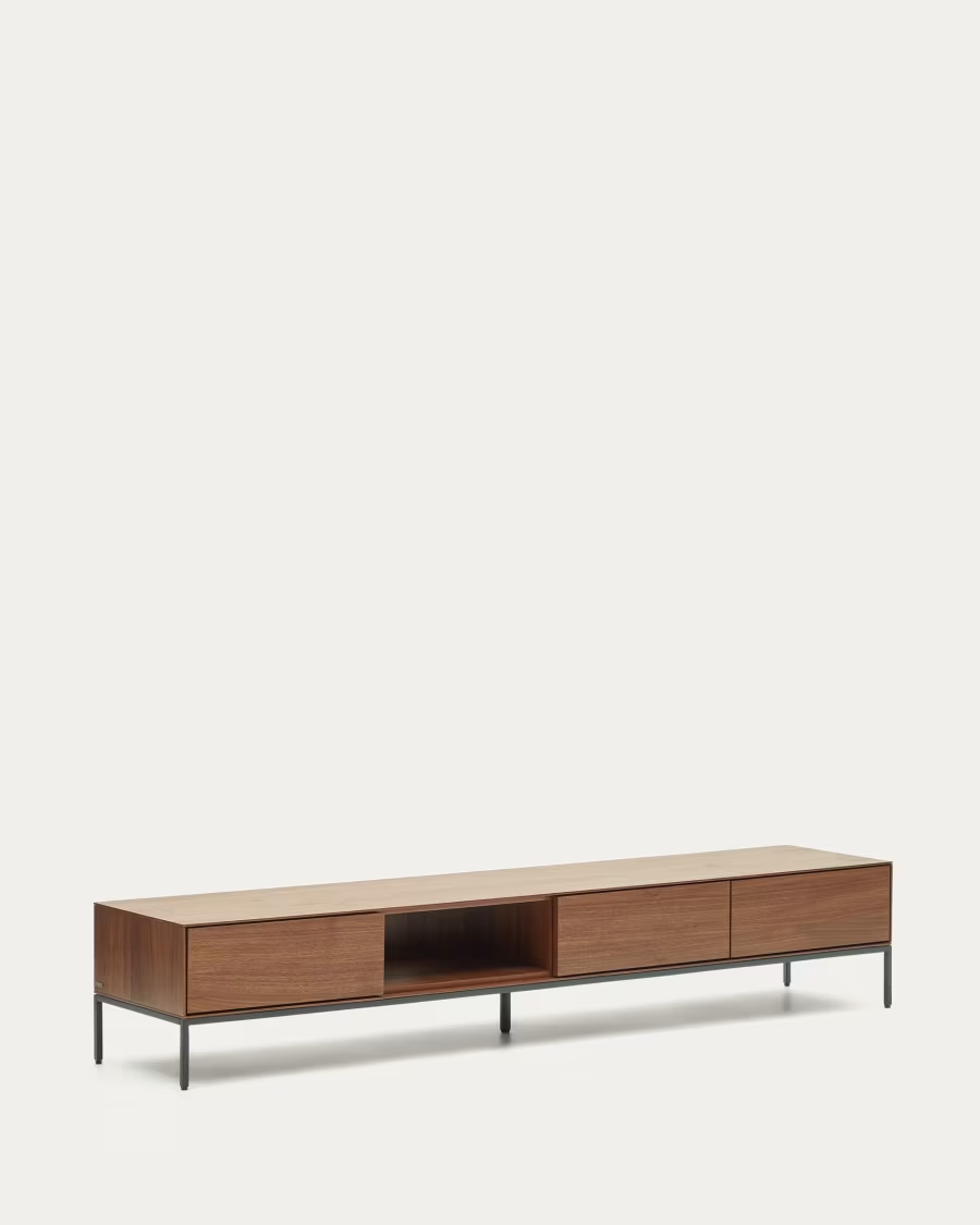 Kave Home Vedrana 3 drawer TV stand in walnut veneer with black steel legs, 195