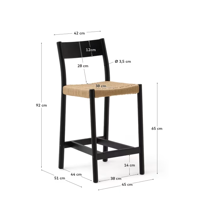 Kave Home 2 x Yalia stool with a backrest in solid oak wood in a black finish, a