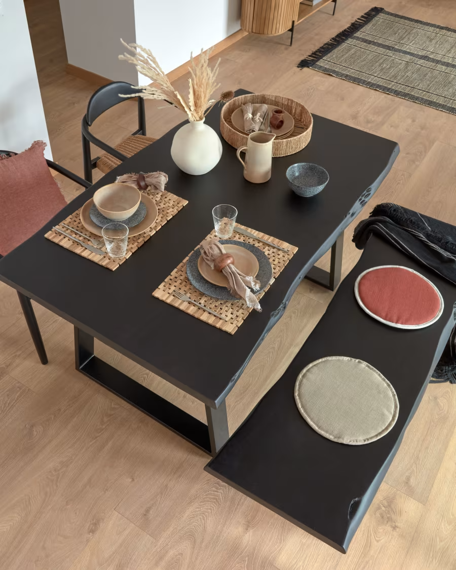 Kave home Alaia table in solid black acacia wood with black steel legs, 180x90cm