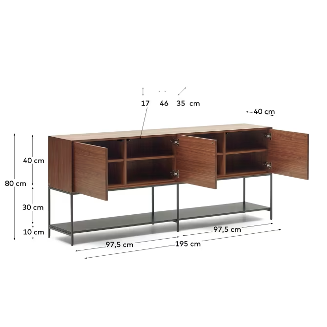 Kave Home Vedrana 3 door sideboard in walnut veneer with steel legs, 195 x 80 cm