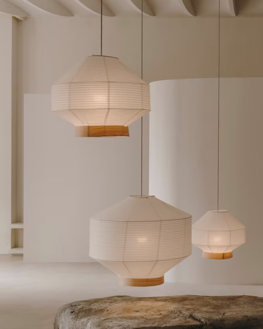 Kave Home  Hila ceiling lamp screen in white paper with natural wood veneer Ø 80