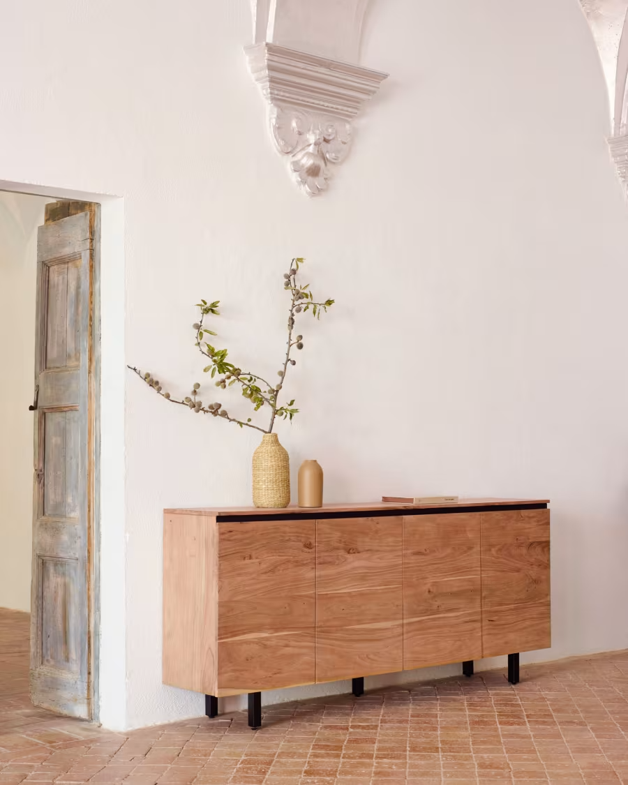 Kave home Uxue solid acacia wood 4 door sideboard in a natural finish, 200x88 cm