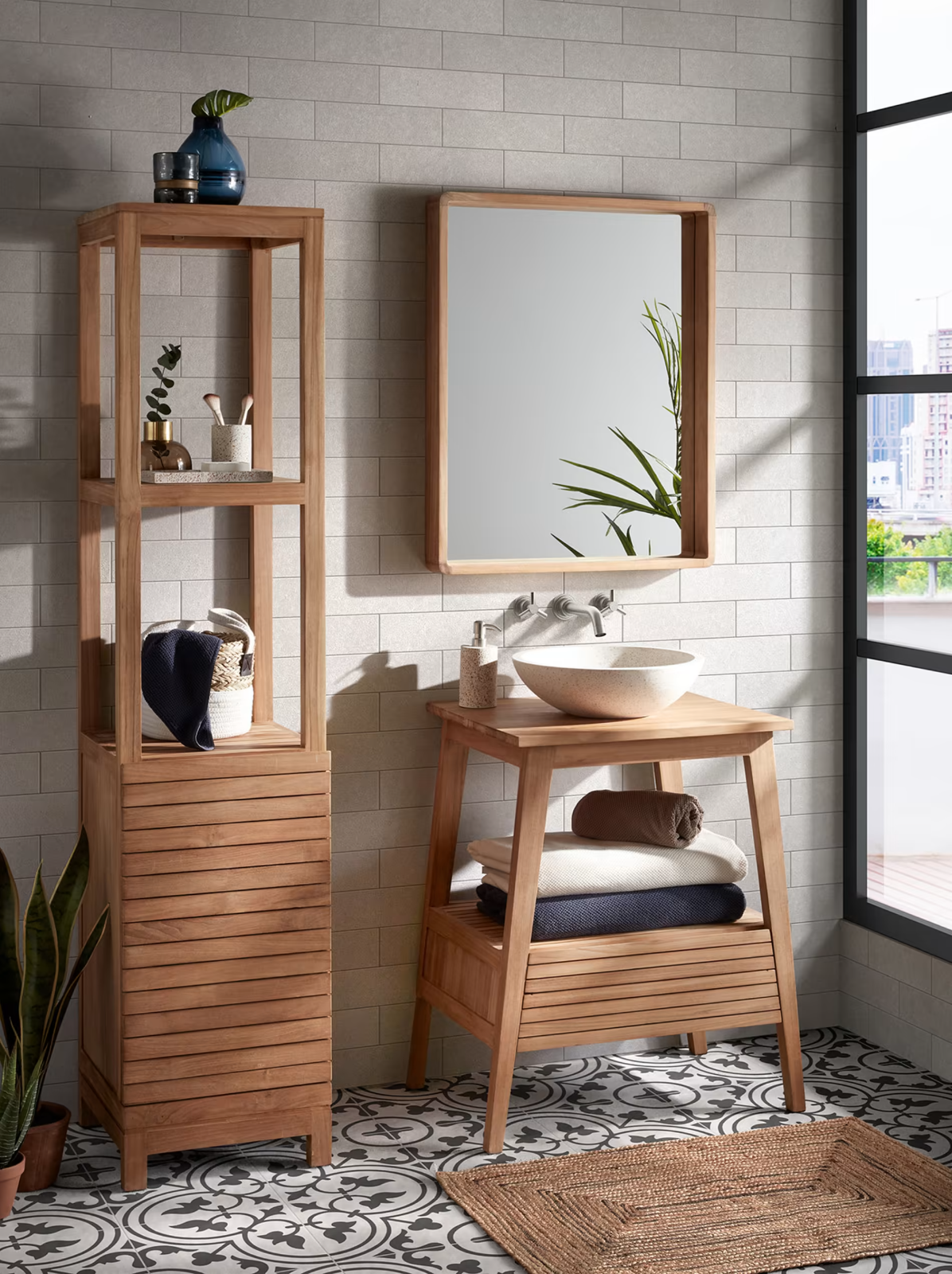 Kave Home Kuveni Bathroom Cabinet & Shelves - 40 x 183cm - Teak - Damaged Leg