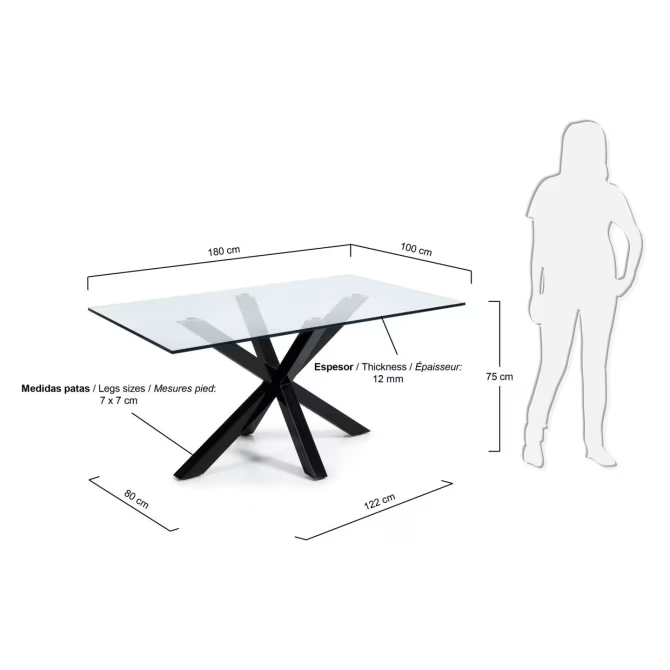 Kave Home Argo glass table with steel legs with black finish 180 x 100 cm