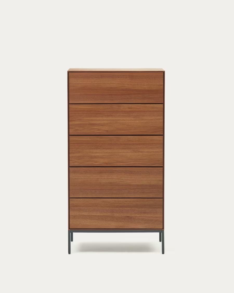 Kave Home Vedrana 5 drawer chest of drawers in walnut veneer black steel legs