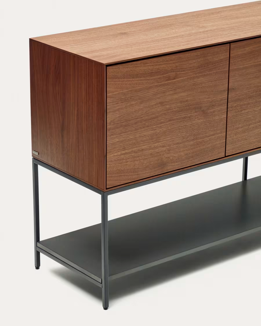 Kave Home Vedrana 3 door sideboard in walnut veneer with steel legs, 195 x 80 cm