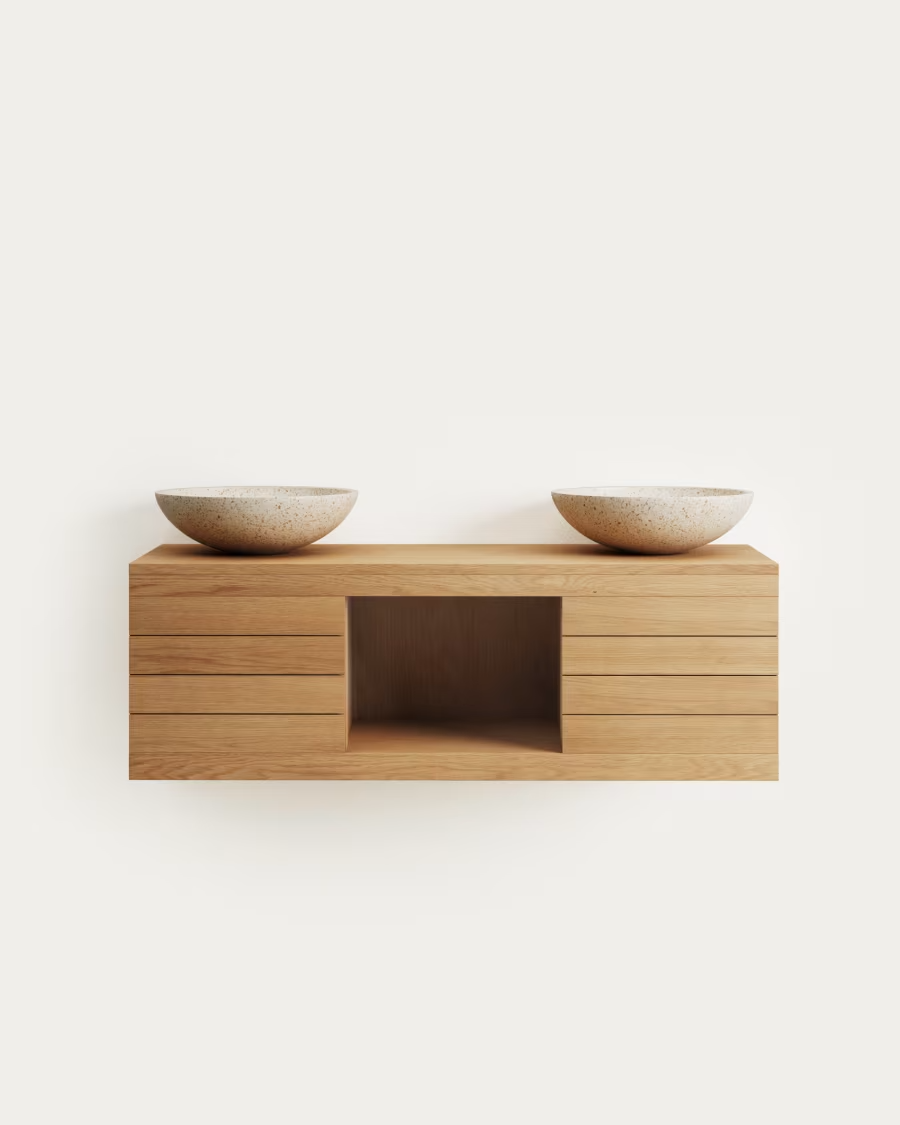 Kave Home Yenit bathroom furniture in solid teak wood with a natural finish, 120