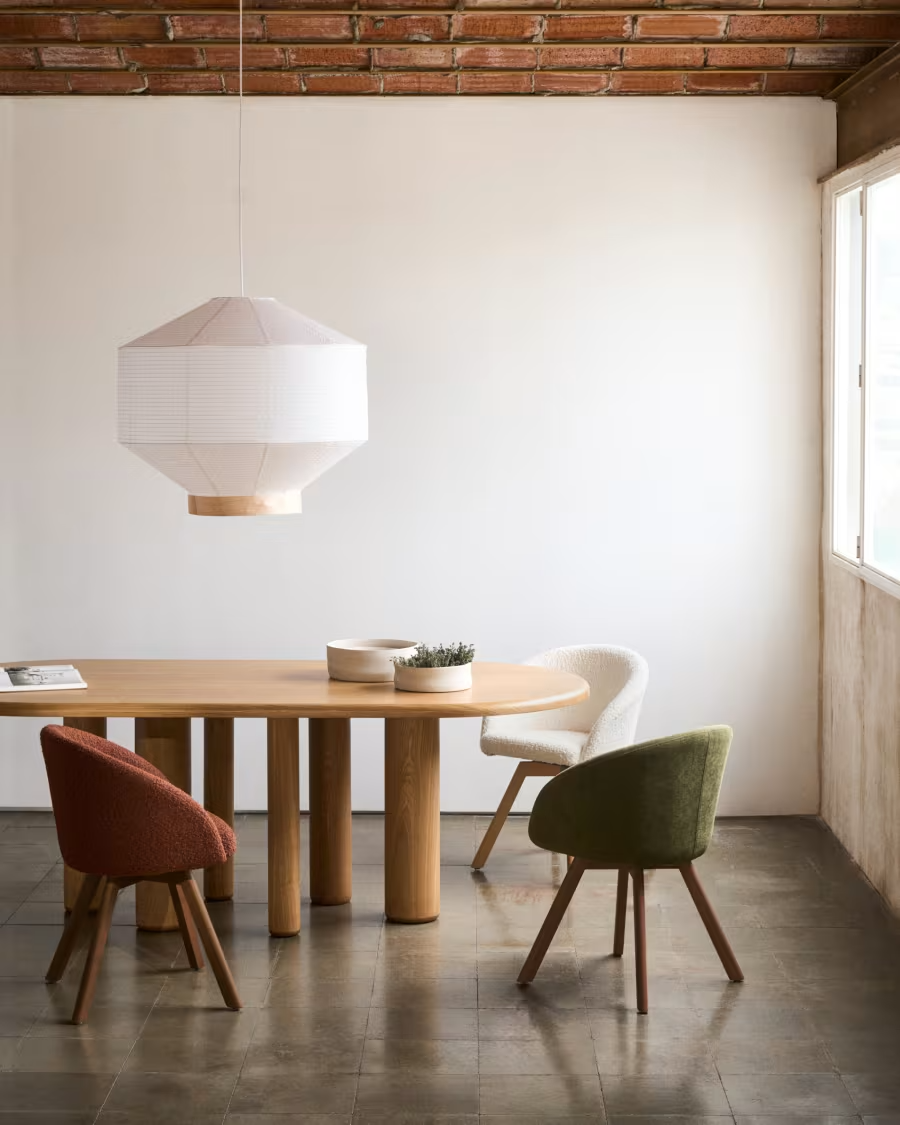 Kave Home  Hila ceiling lamp screen in white paper with natural wood veneer Ø 80