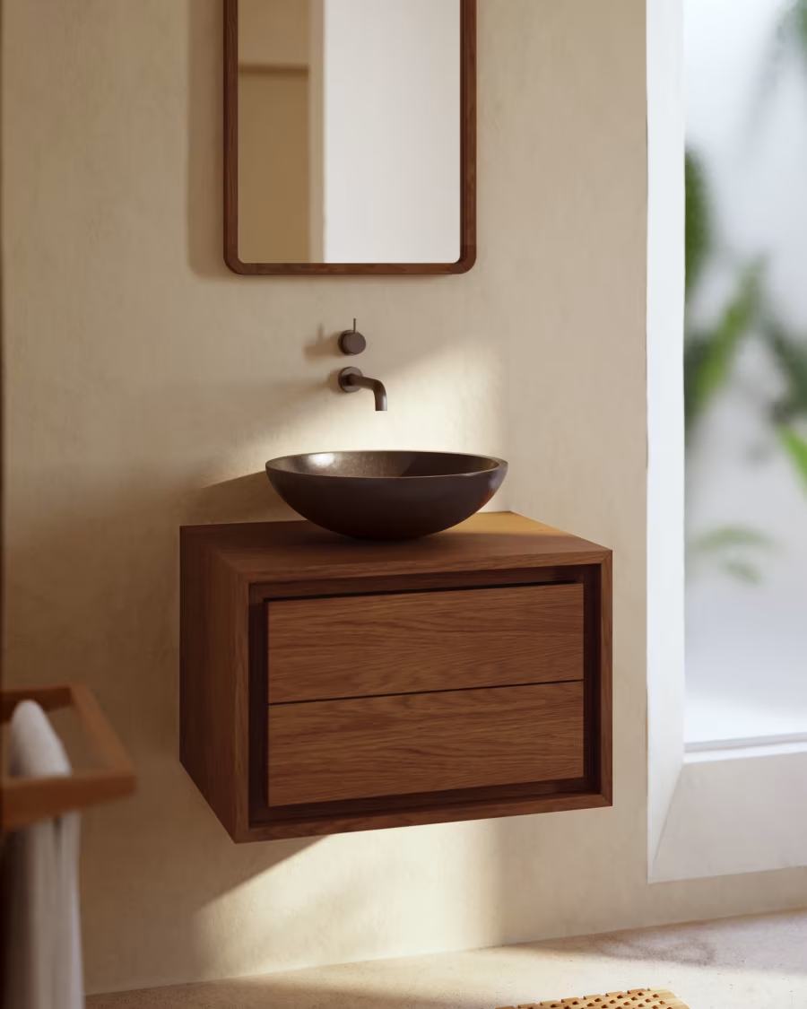 Kave Home Kenta bathroom furniture in solid teak wood with a walnut finish, 60 x