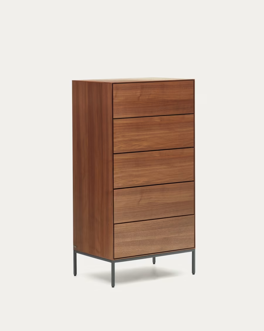 Kave Home Vedrana 5 drawer chest of drawers in walnut veneer black steel legs