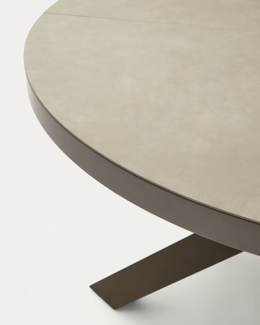 Kave Home Vashti round extendable table, porcelain and steel legs with a brown f