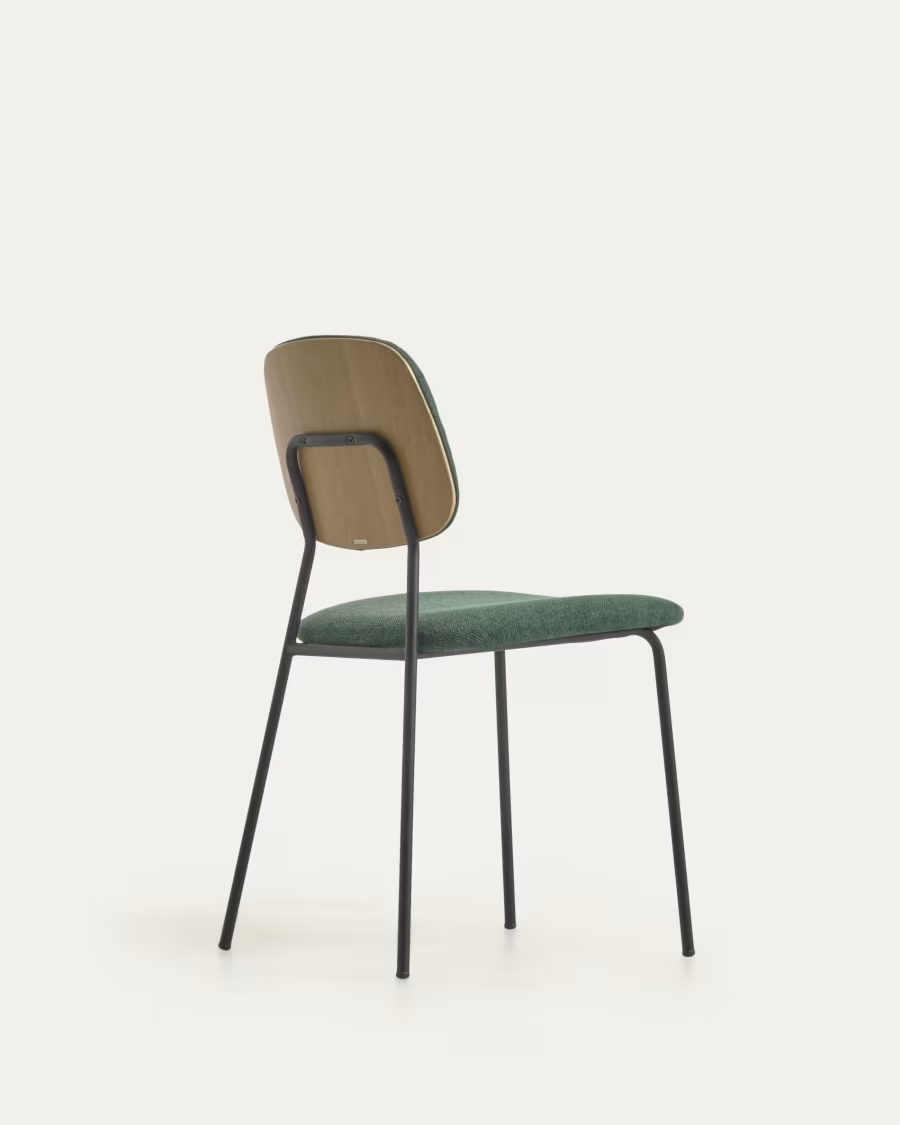 Kave Home Benilda dark green stackable chair with oak veneer and steel with blac