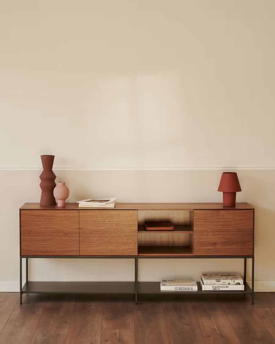 Kave Home Vedrana 3 door sideboard in walnut veneer with steel legs, 195 x 80 cm