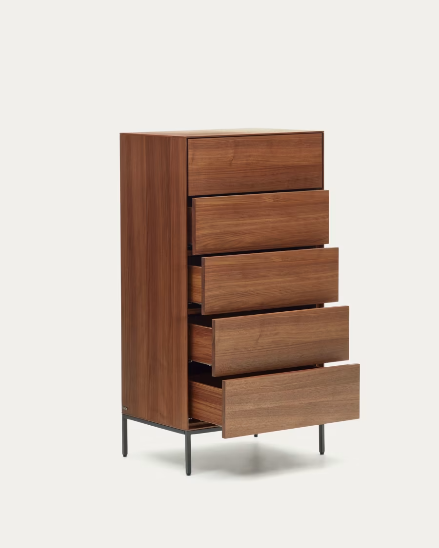 Kave Home Vedrana 5 drawer chest of drawers in walnut veneer black steel legs