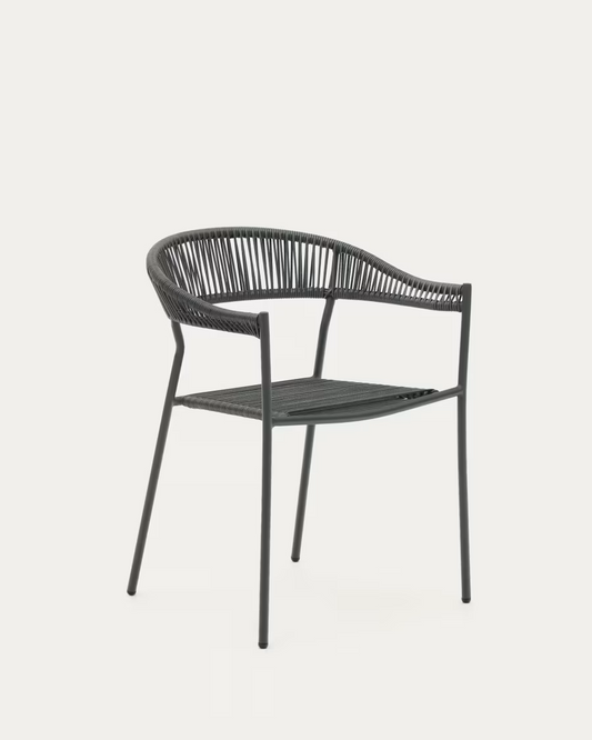 Kave Home Futadera stackable outdoor chair in gray synthetic cord, painted steel