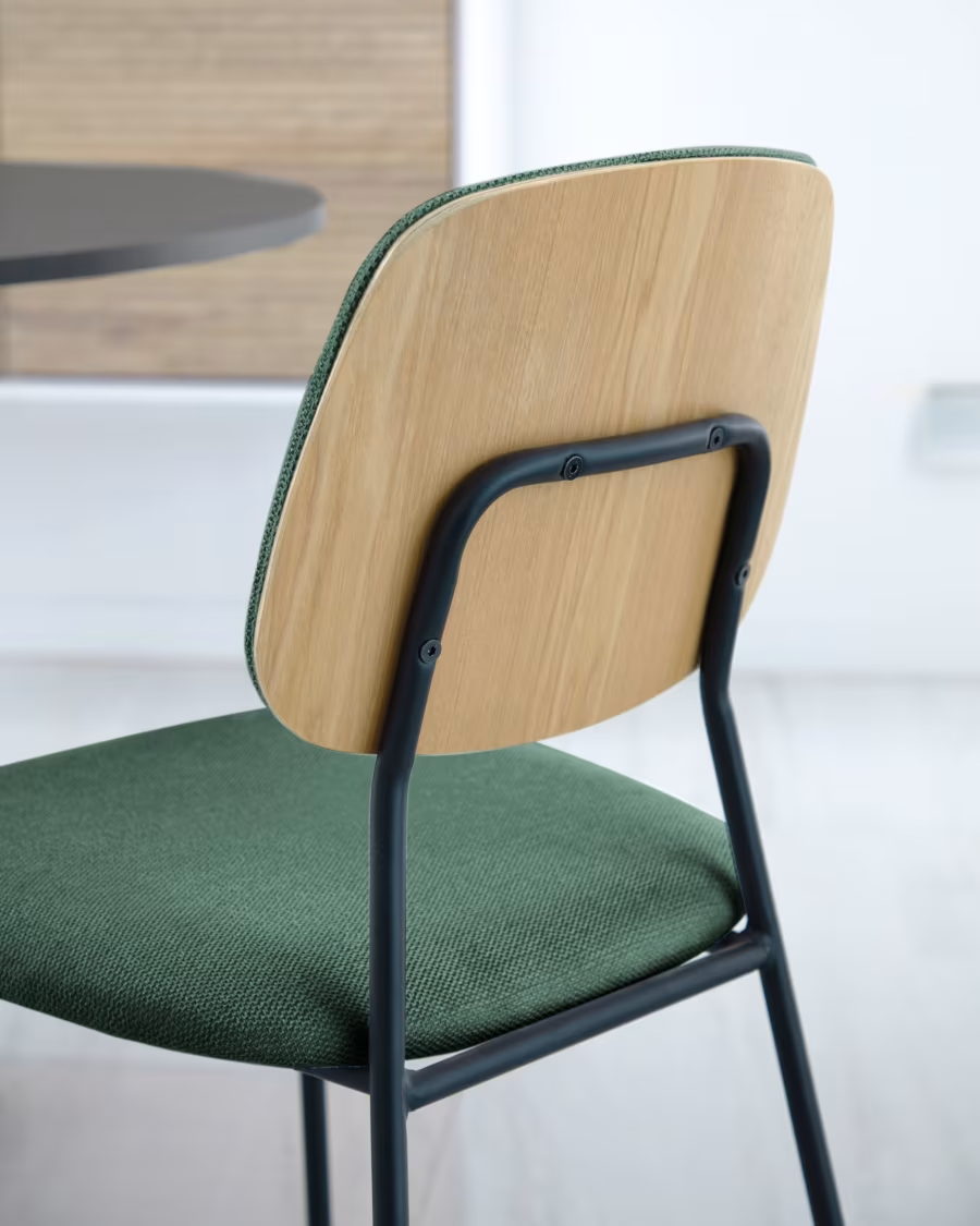 Kave Home Benilda dark green stackable chair with oak veneer and steel with blac