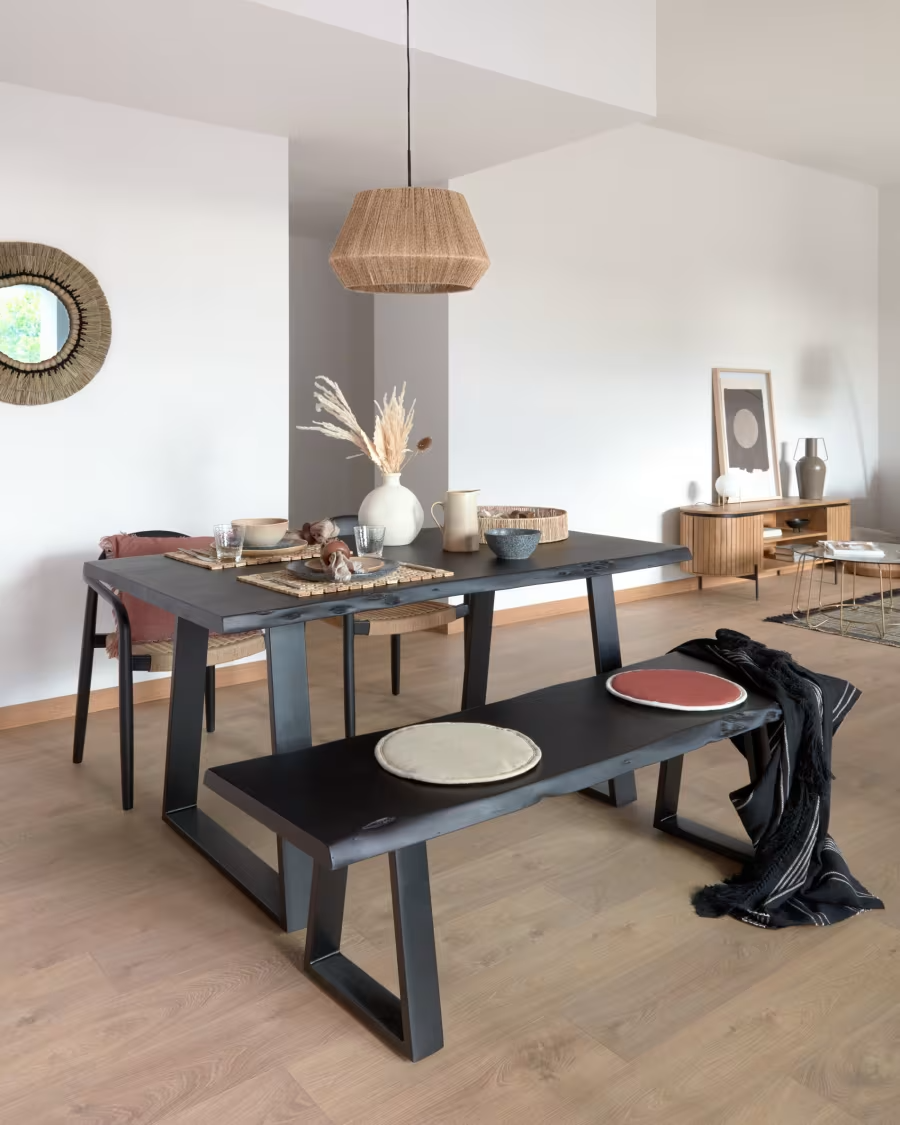 Kave home Alaia table in solid black acacia wood with black steel legs, 180x90cm