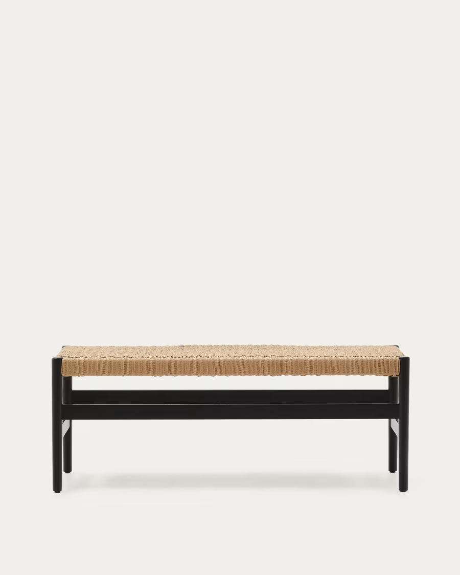 Kave Home Zaide bench made of solid oak wood in black finish and rope cord 120cm