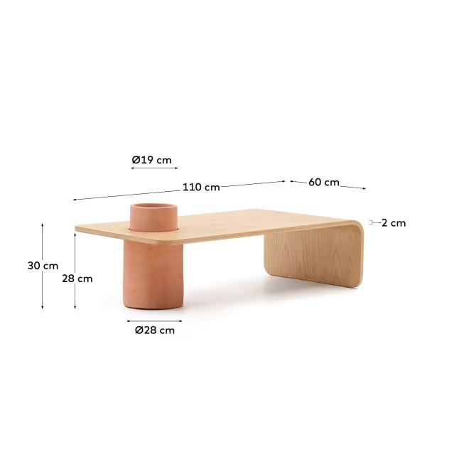 Kave Home Olaria terracotta coffee table with an oak veneer in a natural finish