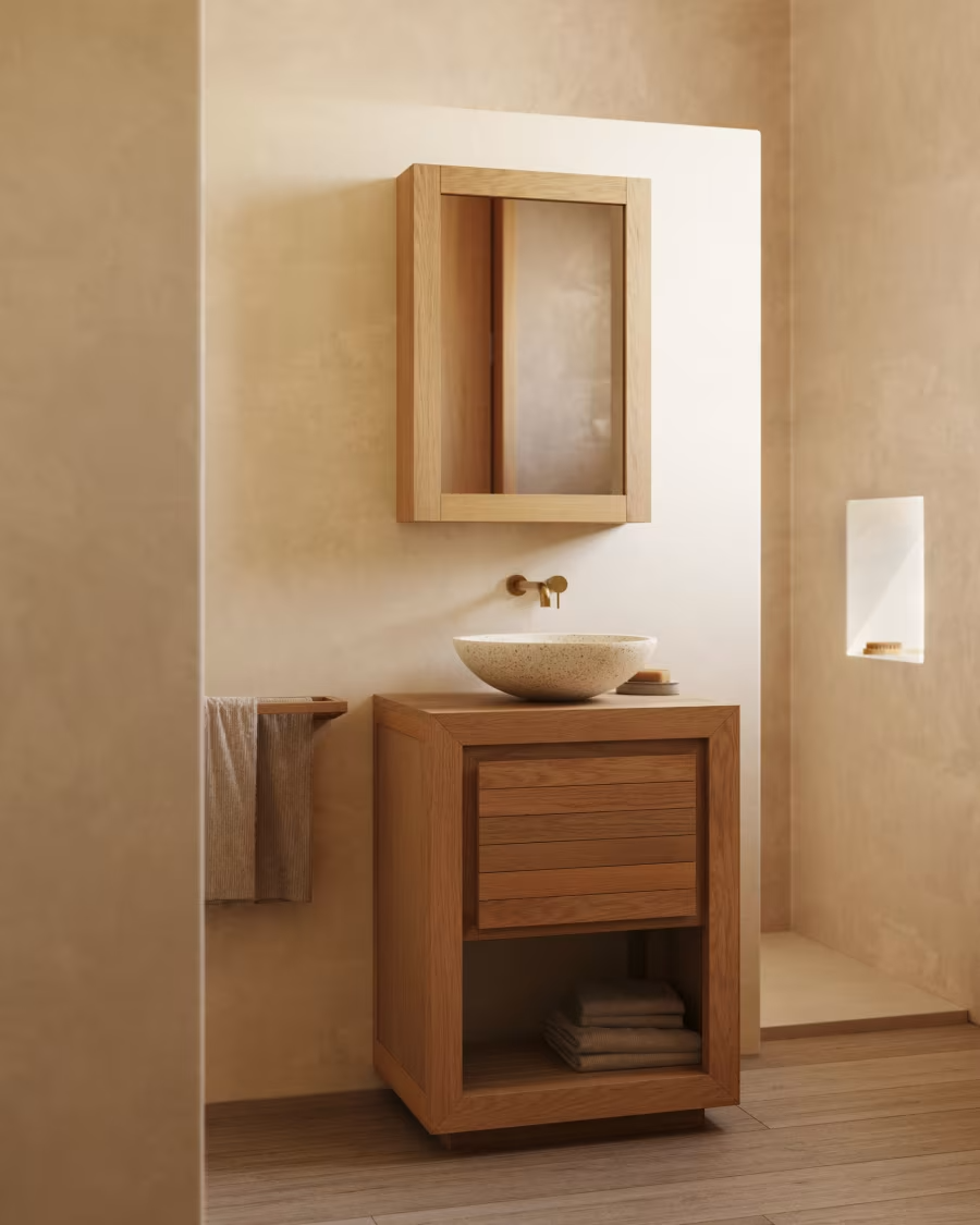 Kave Home Plubia medicine cabinet with mirror in solid teak, 50 x 70 cm