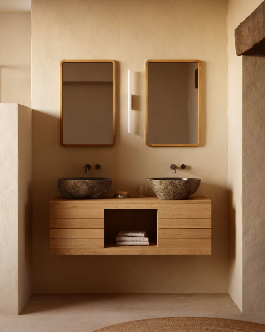 Kave Home Yenit bathroom furniture in solid teak wood with a natural finish, 120