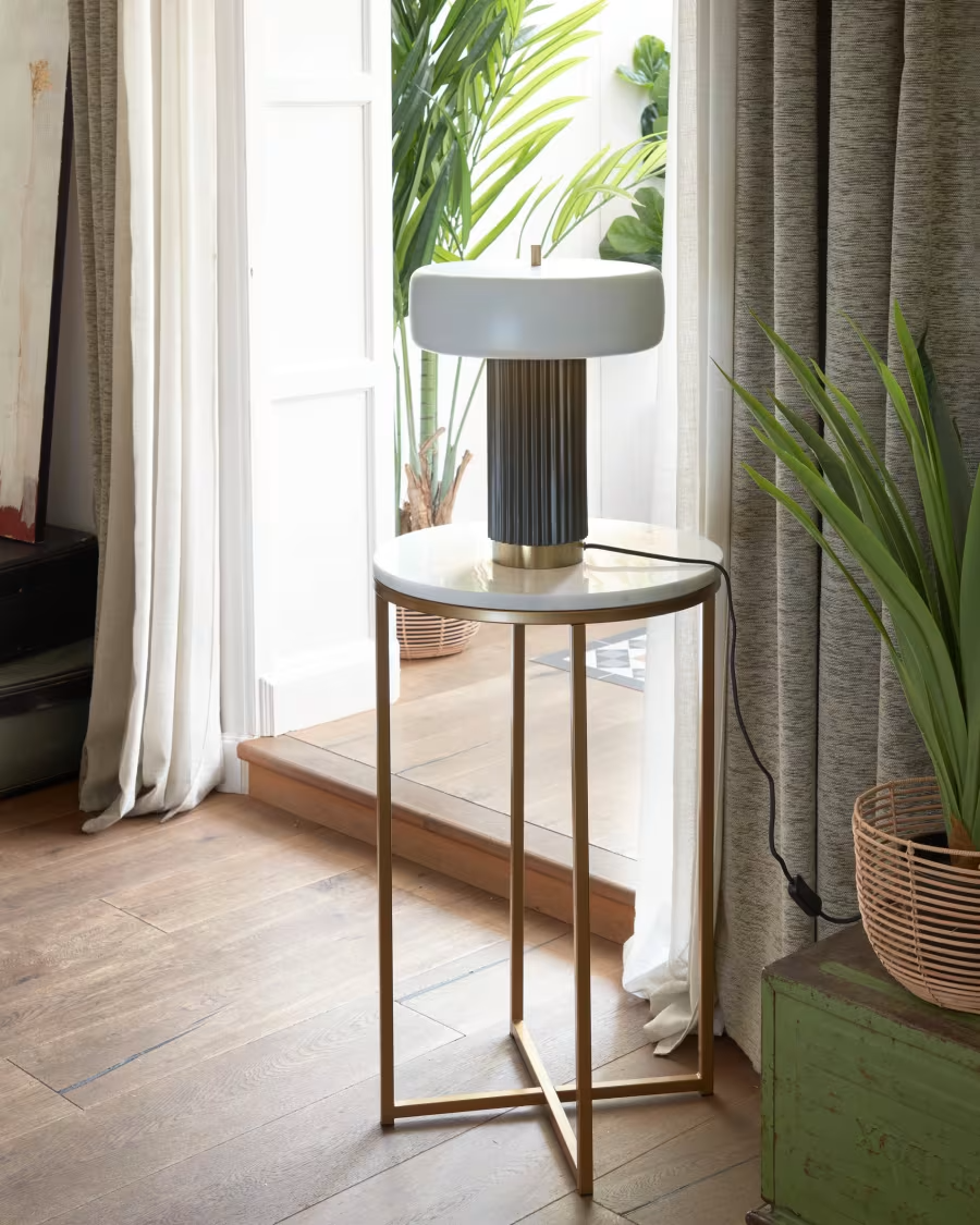 Kave Home Sheffield side table in white marble and golden steel legs Ø 43 cm