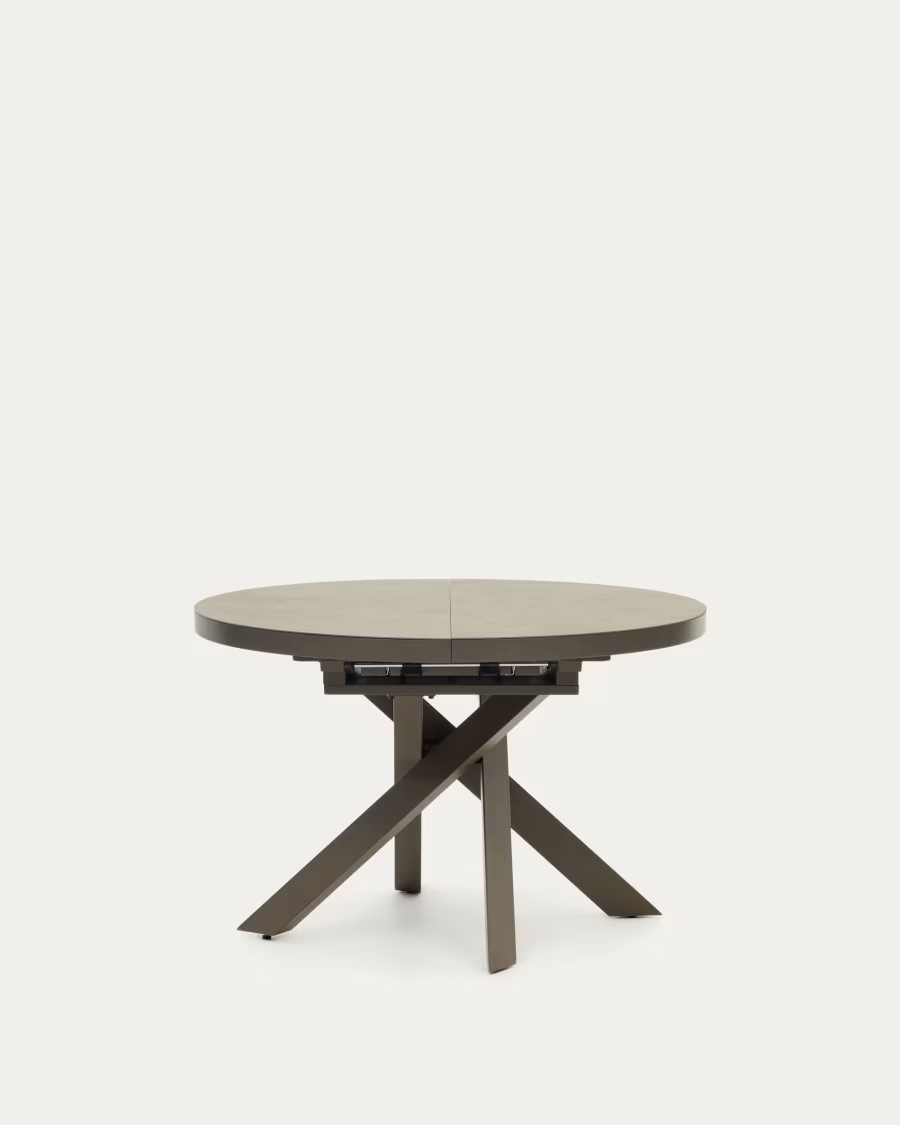 Kave Home Vashti round extendable table, porcelain and steel legs with a brown f