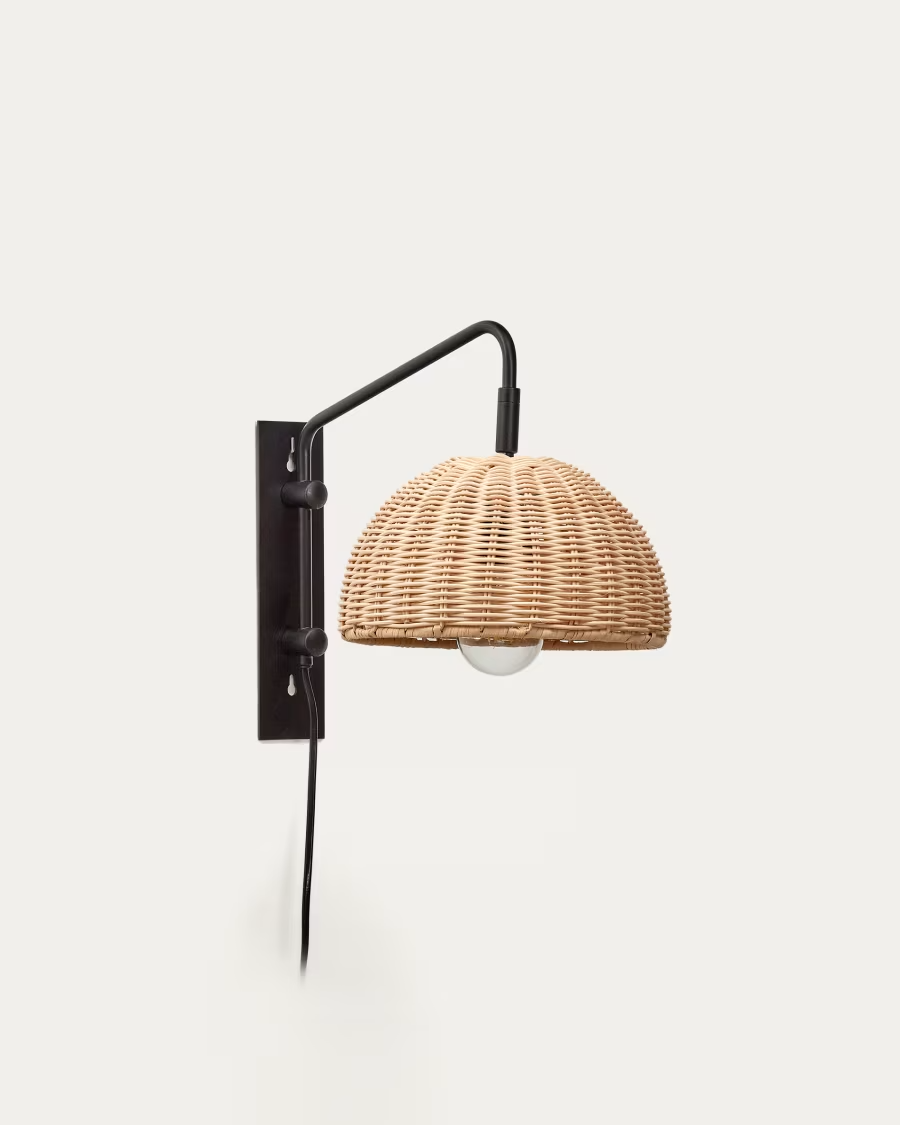 Kave Home Damila Wall Light in Rattan and Black Metal UK