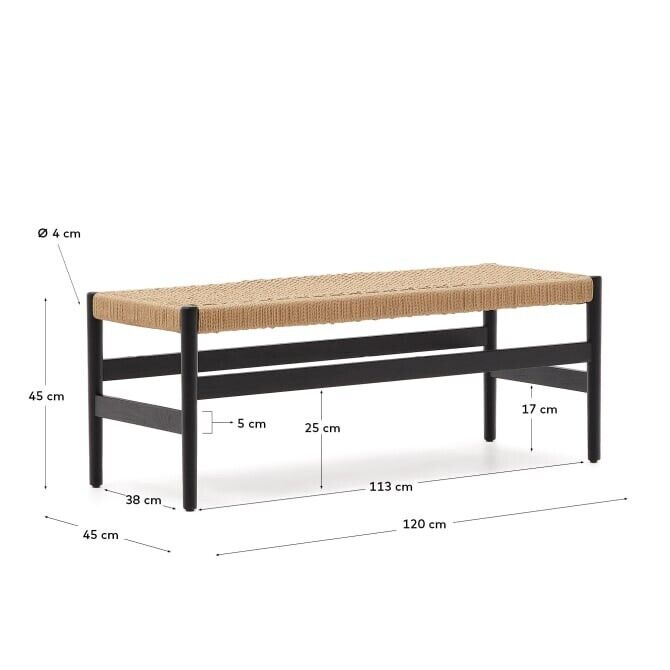 Kave Home Zaide bench made of solid oak wood in black finish and rope cord 120cm