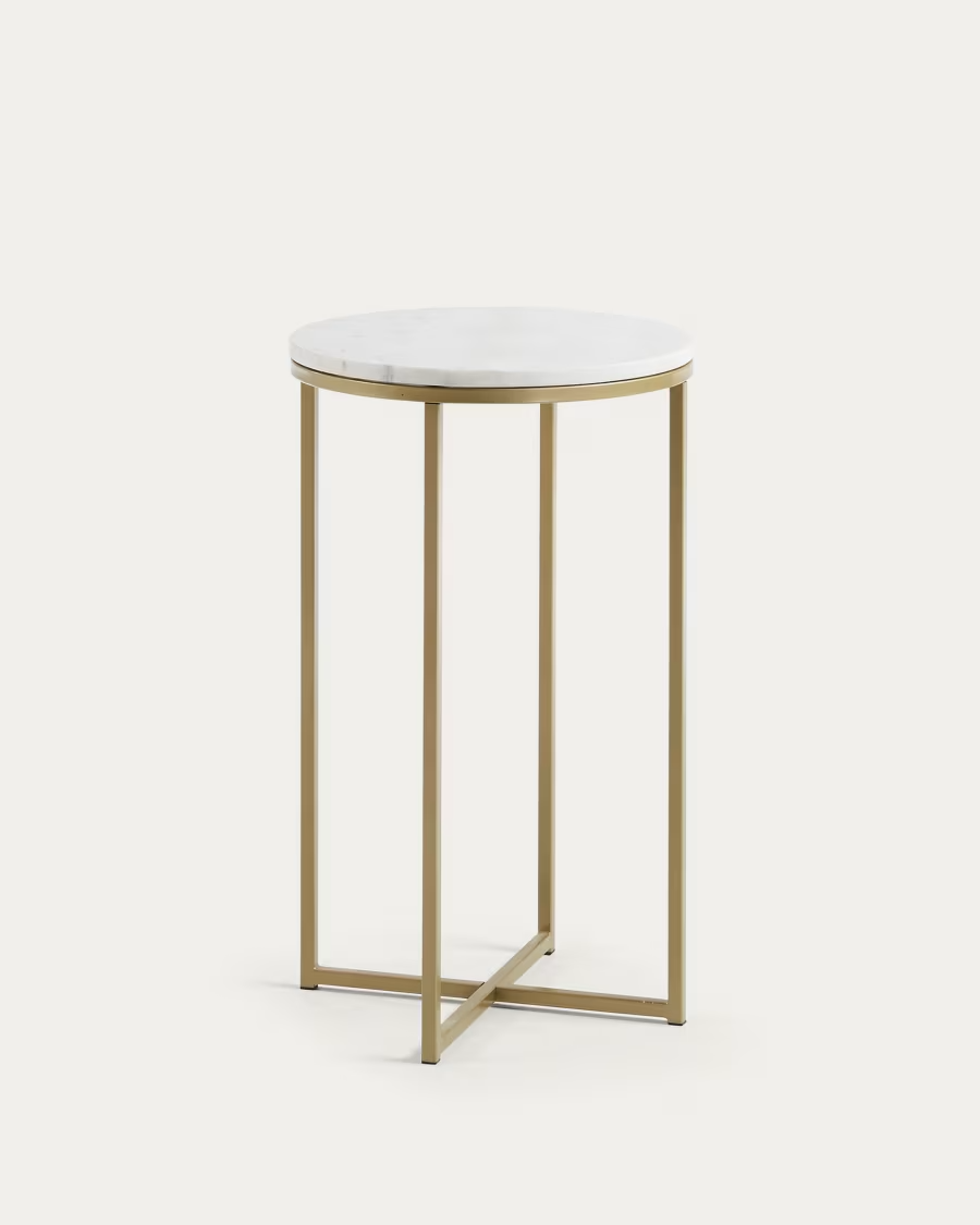 Kave Home Sheffield side table in white marble and golden steel legs Ø 43 cm