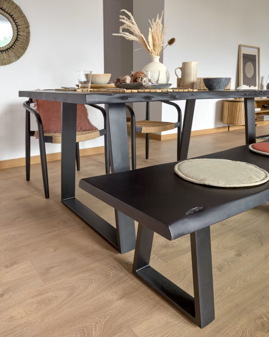 Kave home Alaia table in solid black acacia wood with black steel legs, 180x90cm