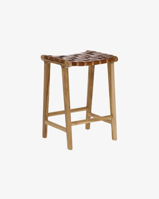 Kave Home Calixta 67 cm high stool - Solid Teak & Hand-Braided Leather