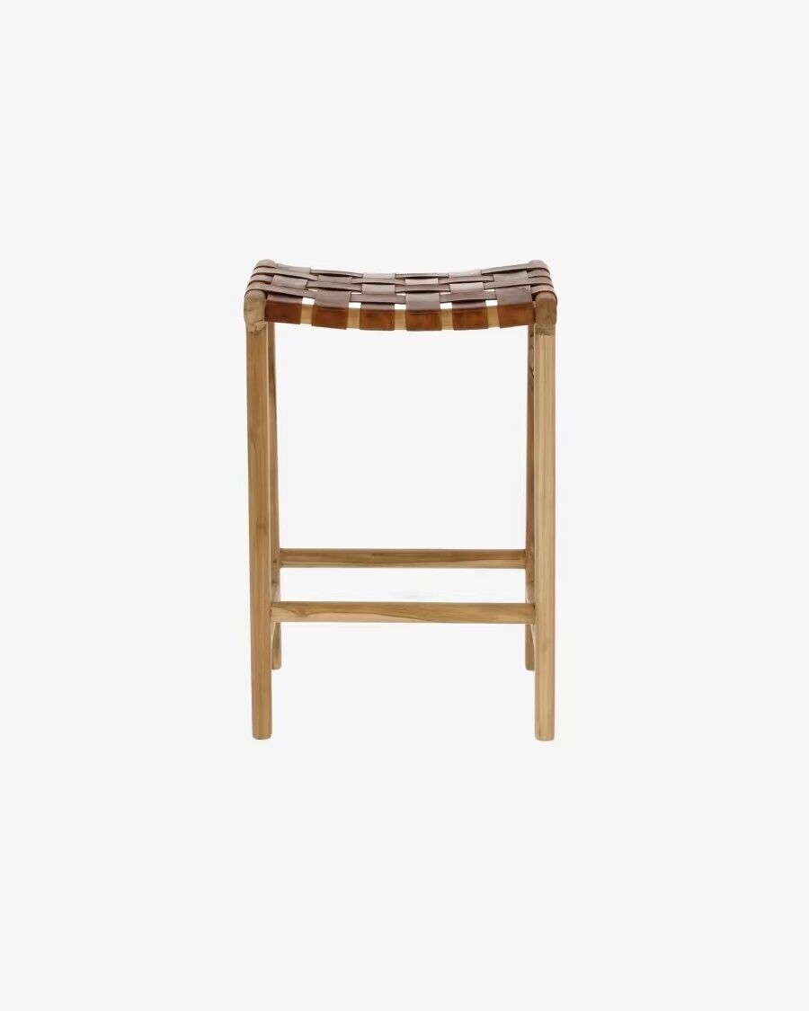 Kave Home Calixta 67 cm high stool - Solid Teak & Hand-Braided Leather