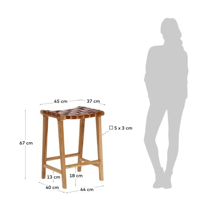 Kave Home Calixta 67 cm high stool - Solid Teak & Hand-Braided Leather