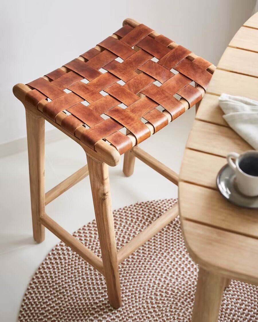 Kave Home Calixta 67 cm high stool - Solid Teak & Hand-Braided Leather