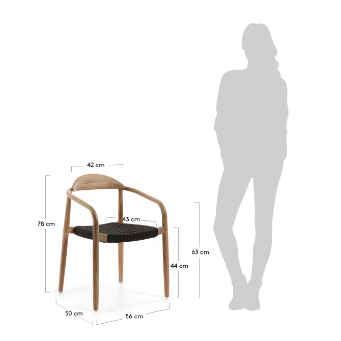 Kave Home 1 x Nina stackable chair in solid acacia wood and black rope seat