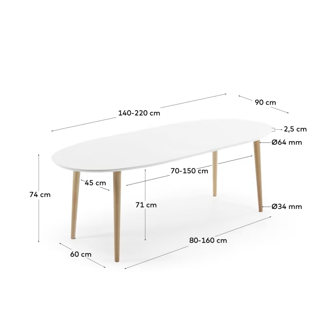 Kave Home Oqui oval extendable MDF table with white lacquer and solid beech legs