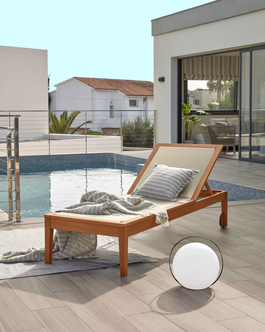 Kave Home Caterin solid eucalyptus wood outdoor sun lounger in beige